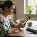 Mujer usando un teléfono junto a una carpeta, una pluma y una taza en una mesa de madera.