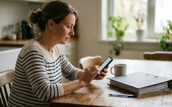 Mujer usando un teléfono junto a una carpeta, una pluma y una taza en una mesa de madera.