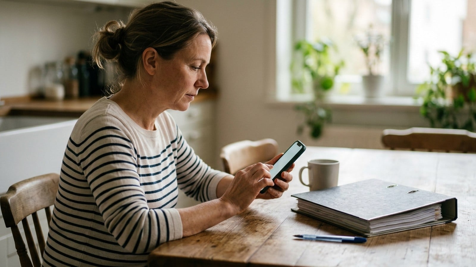 Mujer usando un teléfono junto a una carpeta, una pluma y una taza en una mesa de madera.