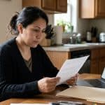 Persona revisando documentos junto a una computadora portátil en una mesa de cocina.