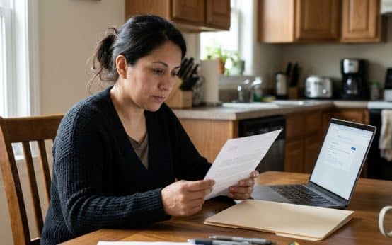 Persona revisando documentos junto a una computadora portátil en una mesa de cocina.