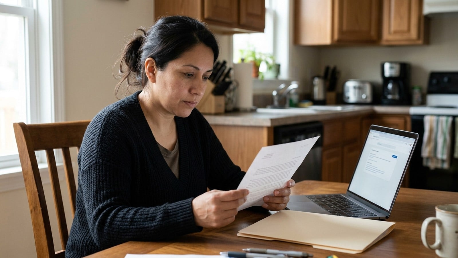 Persona revisando documentos junto a una computadora portátil en una mesa de cocina.